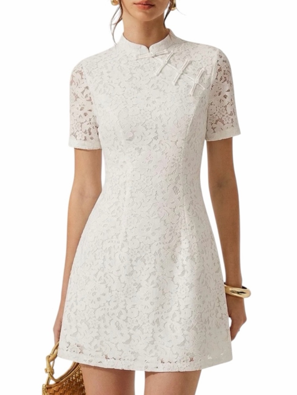 Commense Off White Lace Cheongsam Mini Dress Medium Mandarin Collar
